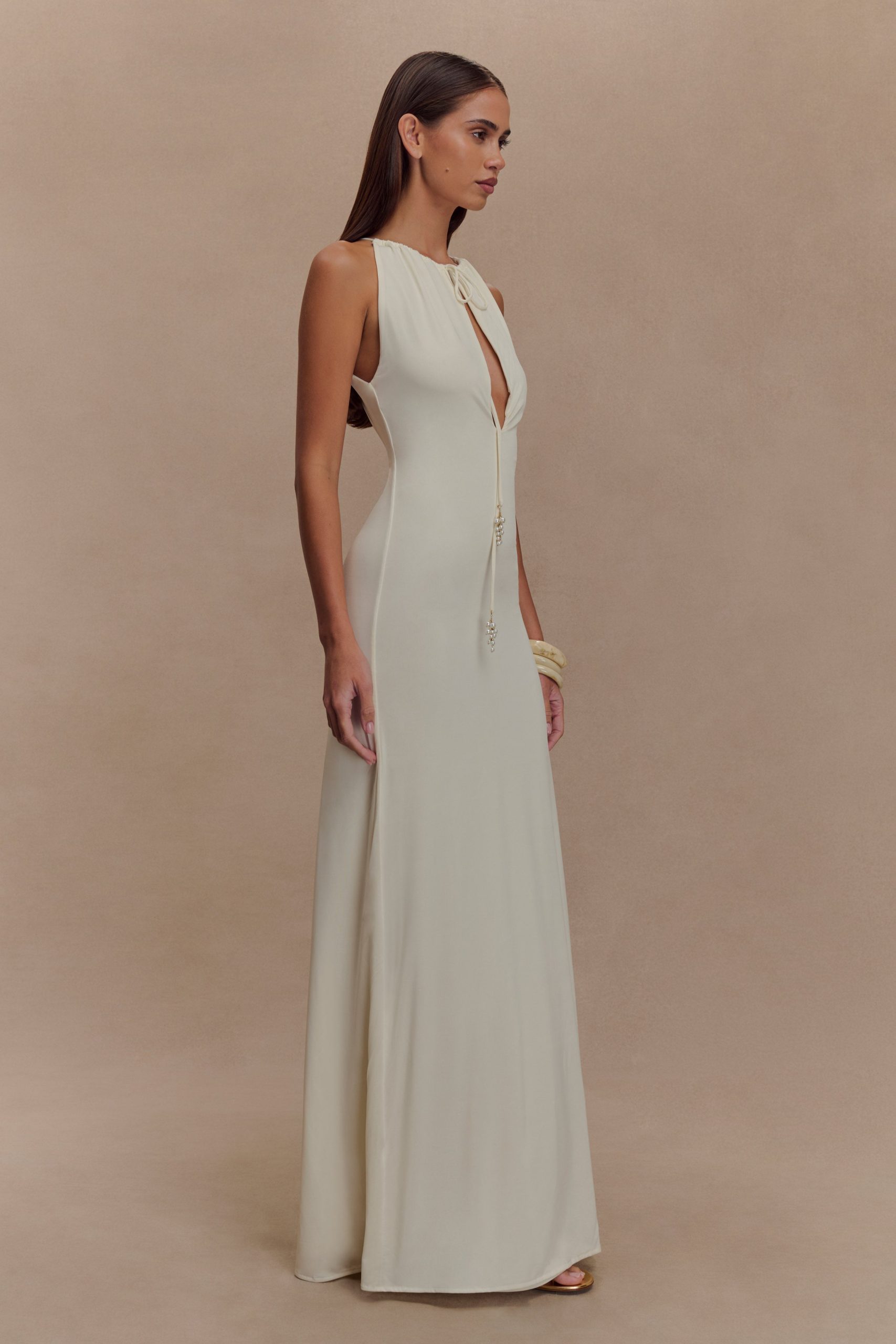 Beryl Slinky Maxi Dress With Pearls - Ivory - Image 5