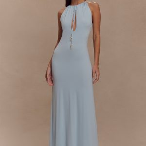 Beryl Slinky Maxi Dress With Pearls - Pale Blue