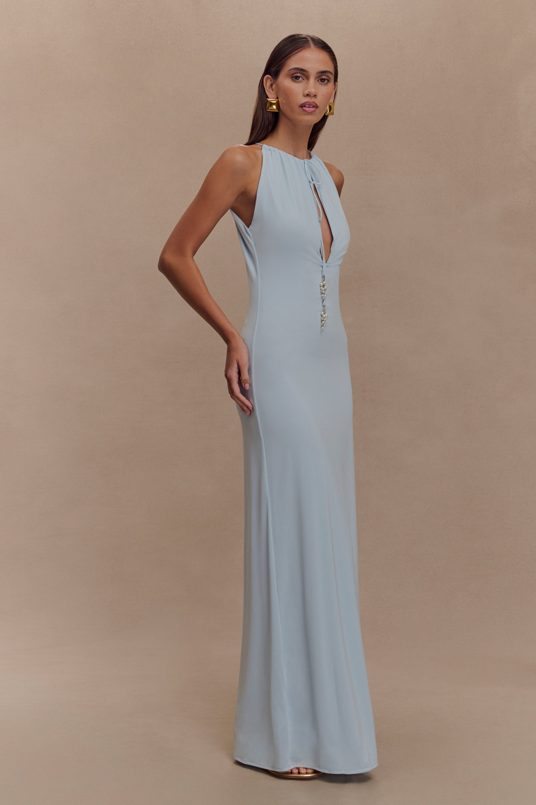 Beryl Slinky Maxi Dress With Pearls - Pale Blue - Image 2