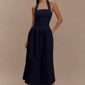Caroline Denim Halter Midi Dress - Indigo Blue