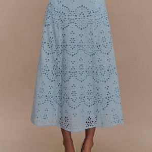Arla Broderie Midi Skirt - Pale Cornflower Blue
