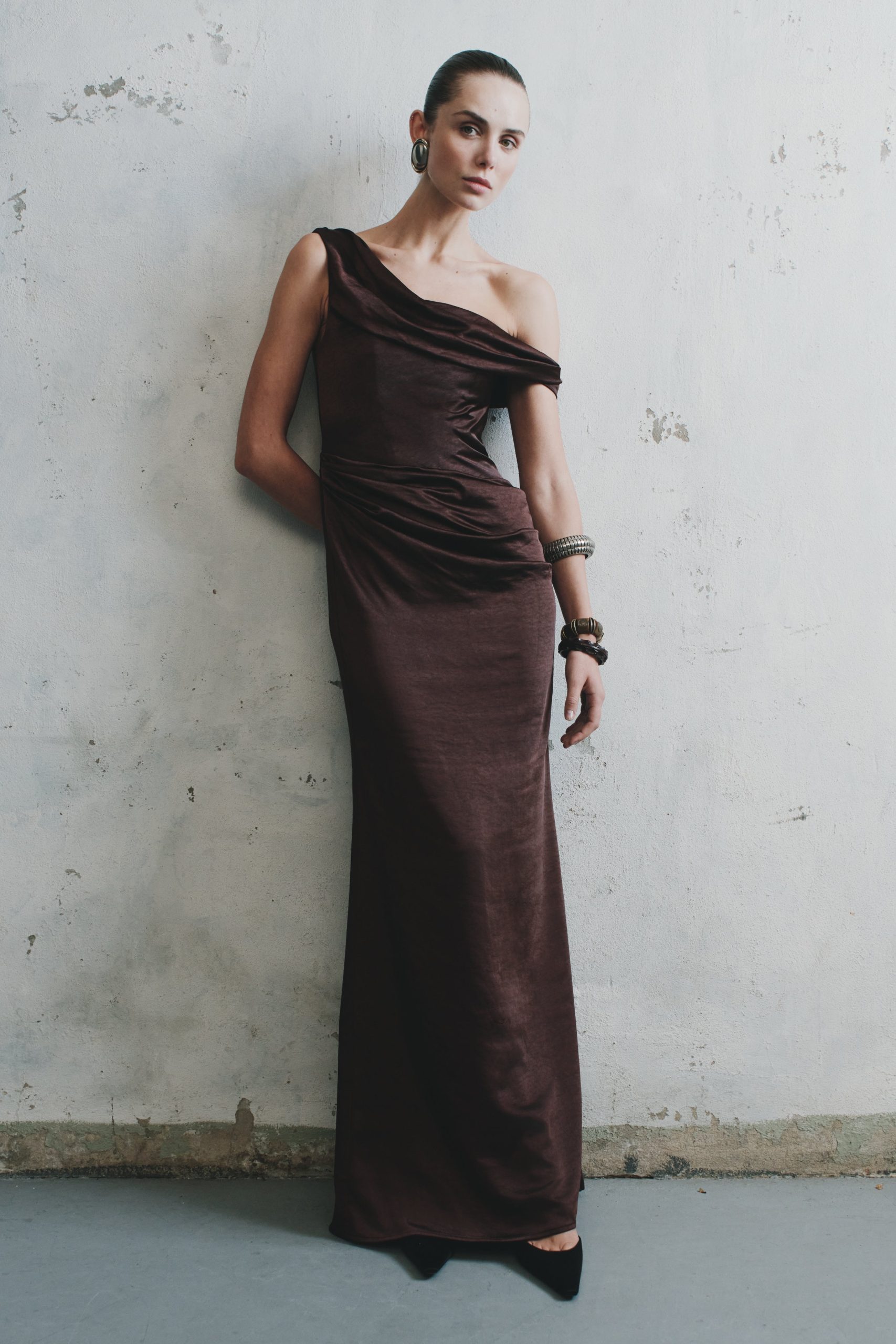 Dalia Off Shoulder Satin Maxi Dress - Dark Chocolate - Image 5