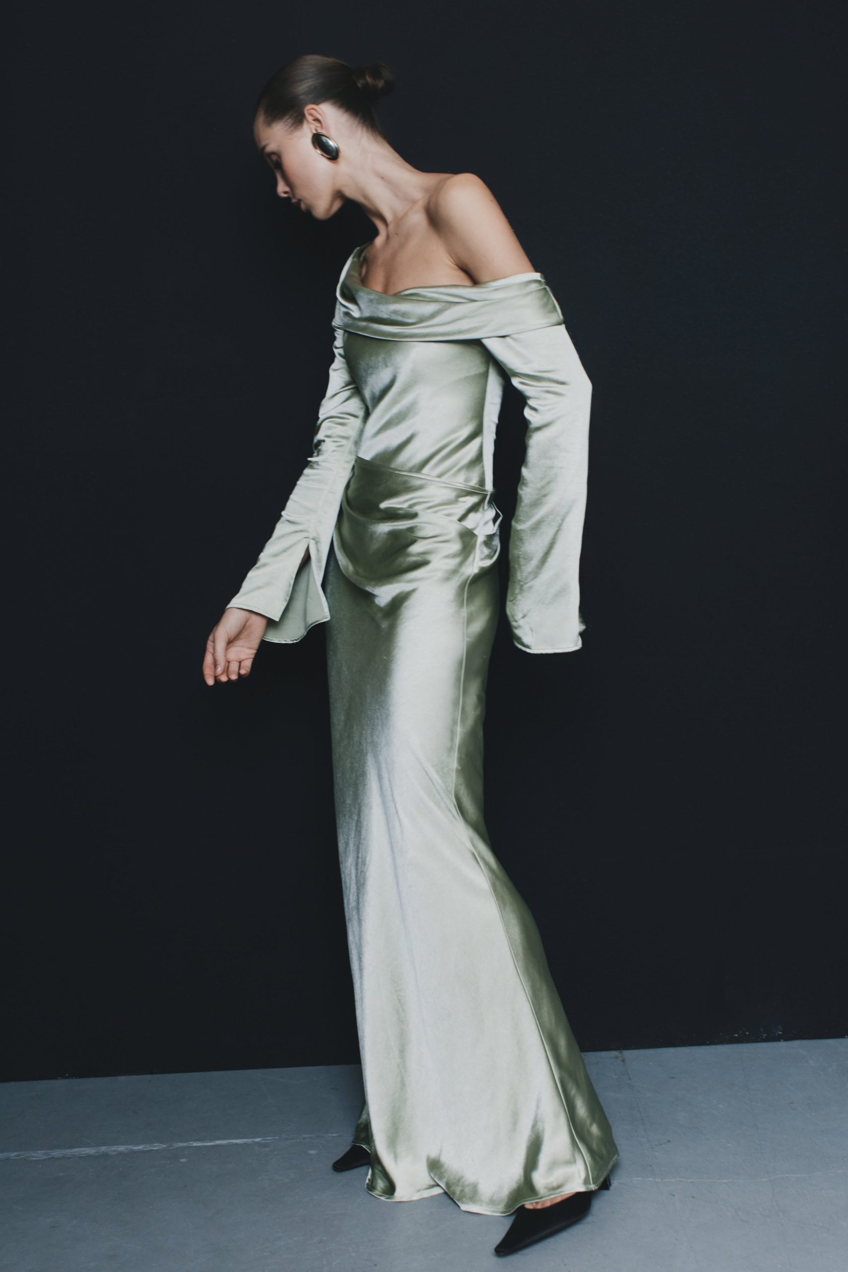 Iris Long Sleeve Satin Maxi Dress - Sage - Image 3