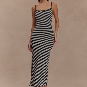 Raven Striped Knit Midi Dress - Black/White