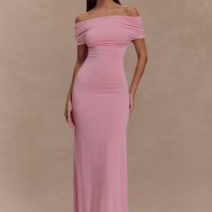 Imogen Off Shoulder Slinky Maxi Dress - Candy Pink