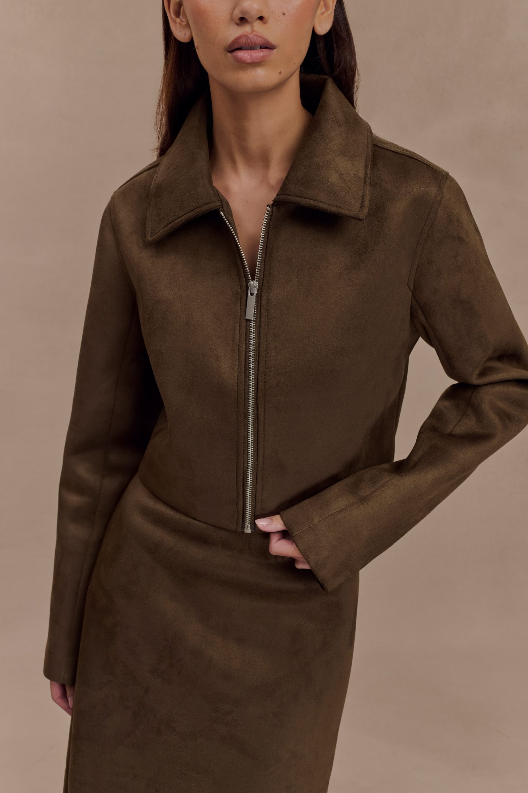 Hayes Faux Suede Collared Jacket - Chocolate - Image 2