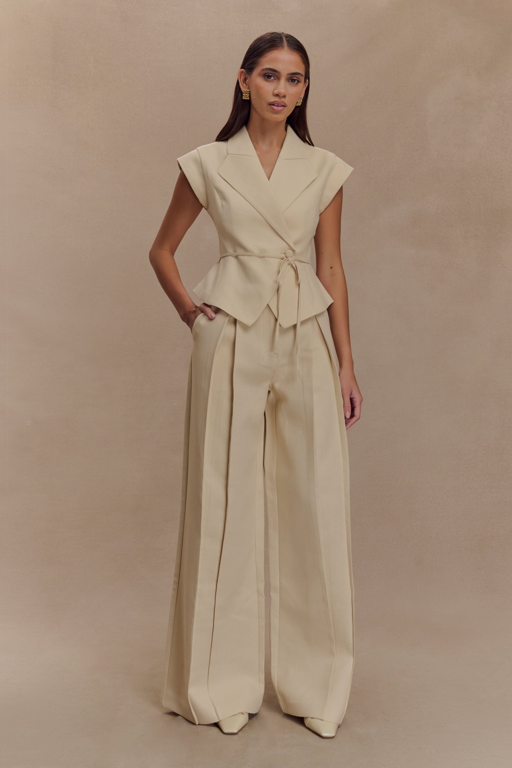Raya Mid Rise Wide Leg Linen Pant - Natural Beige - Image 2