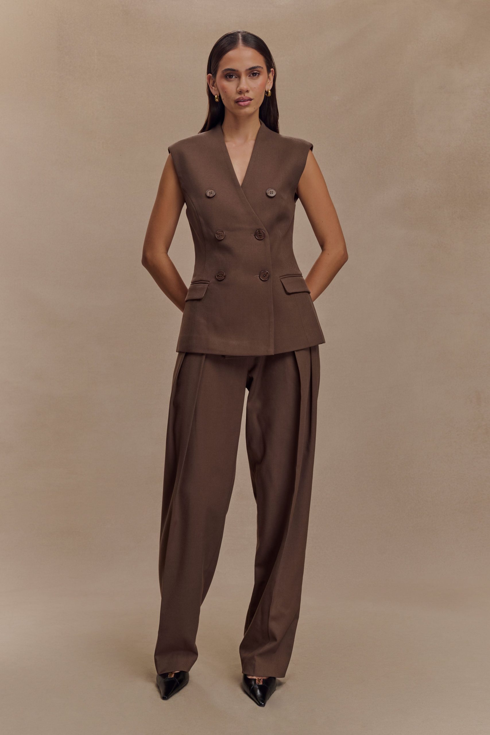 Penelope Pleated High Waisted Pants - Chocolate - Image 4