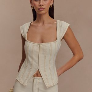 Loretta Cap Sleeve Denim Top - Ecru
