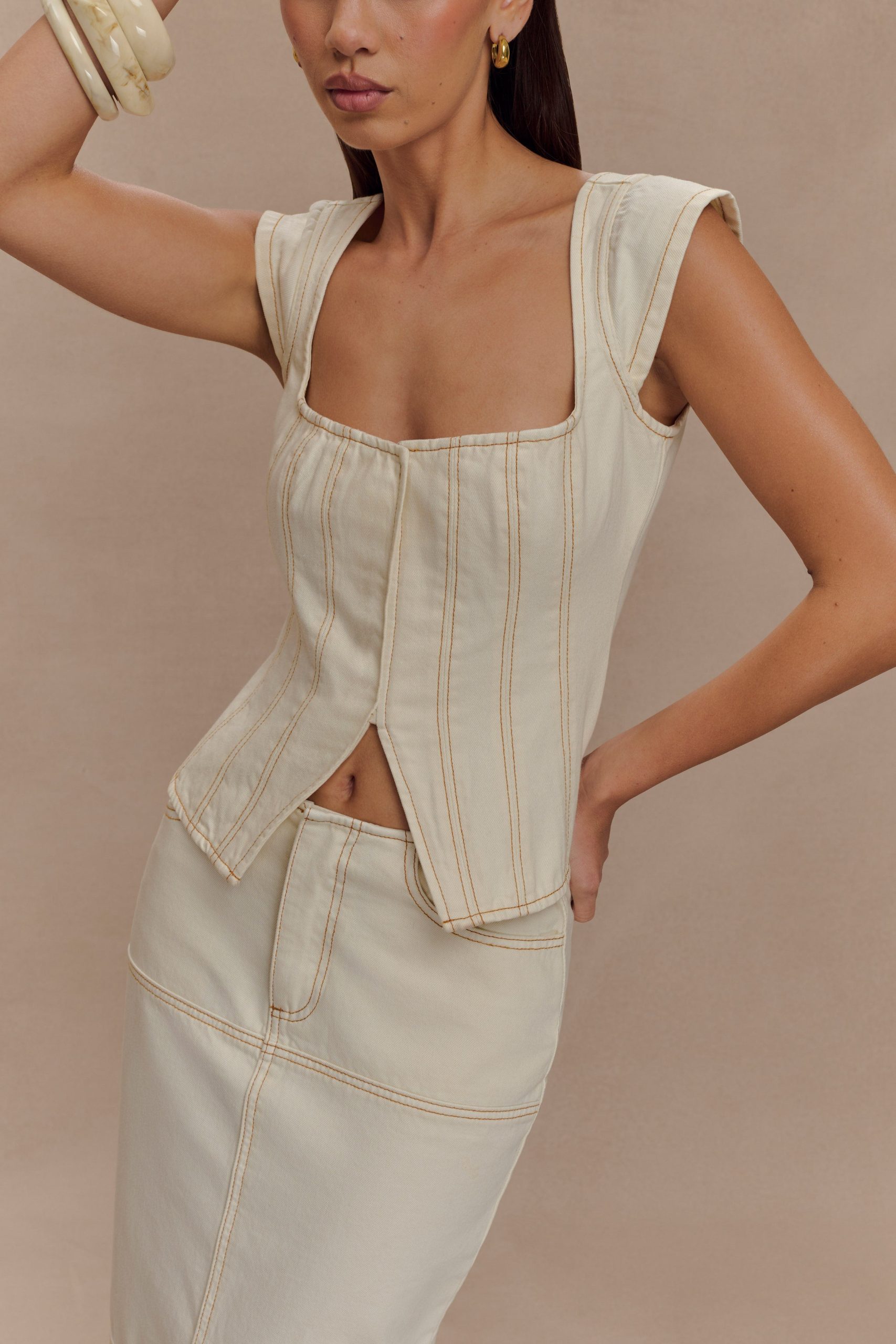 Loretta Cap Sleeve Denim Top - Ecru - Image 2