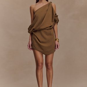 Gabriella Draped Mini Dress - Light Brown Marle