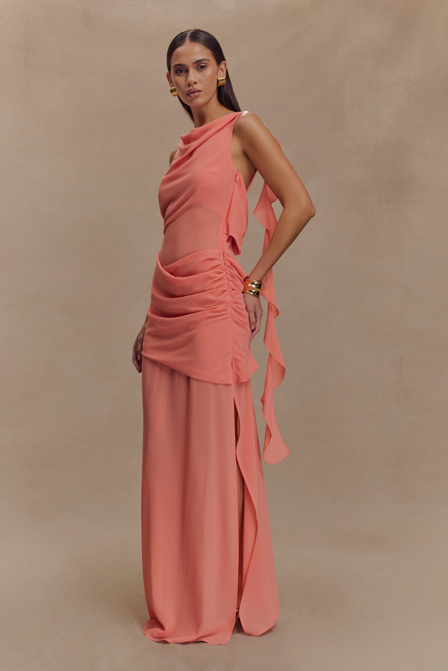 Daria Draped Chiffon Maxi Dress - Pastel Nectarine - Image 4