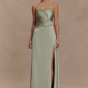 Larissa Satin Maxi Dress With Ruched Petals - Sage