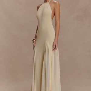 Soleil Knit And Mesh Halter Maxi Dress - Cream