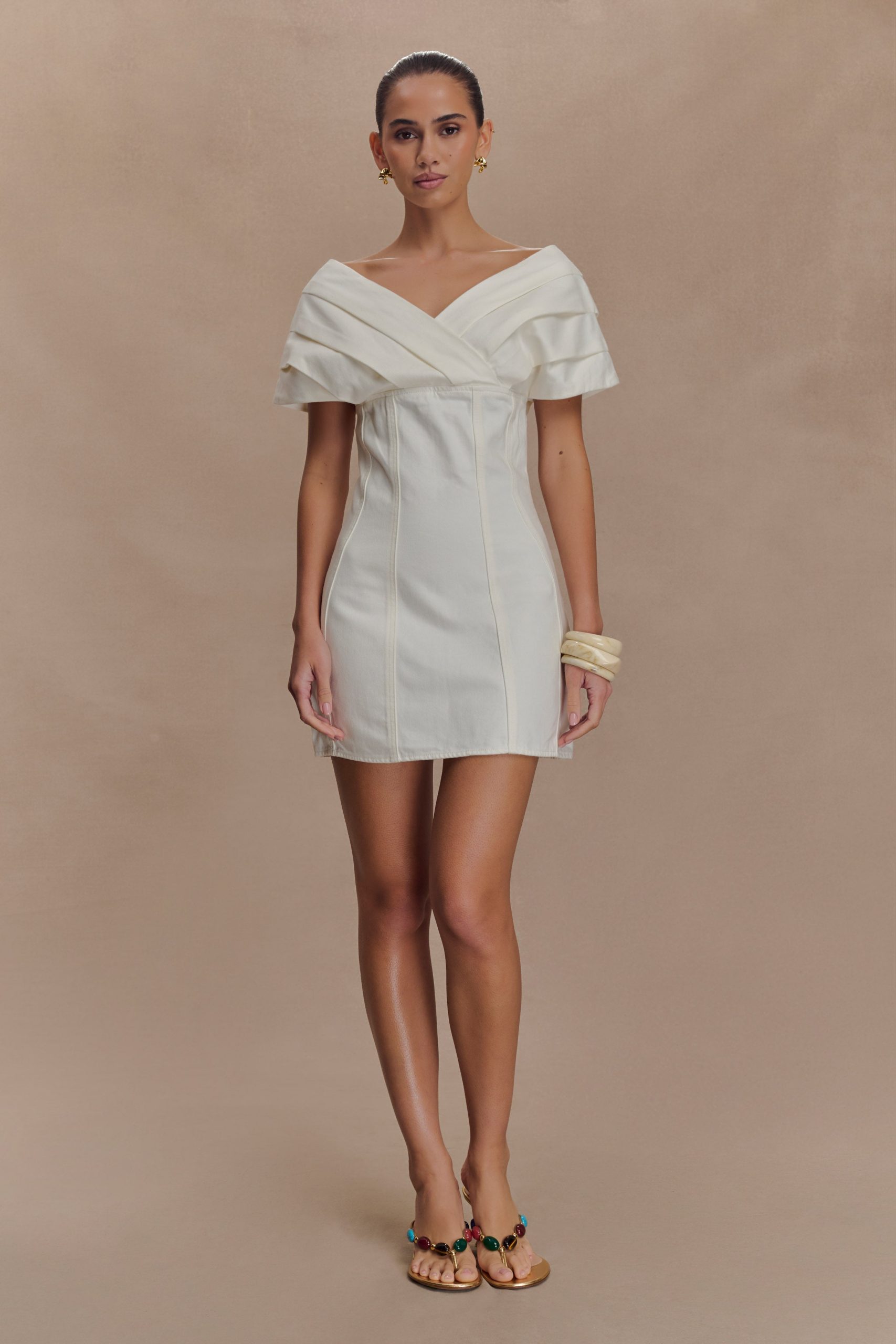 Pascale Off Shoulder Denim Mini Dress - White
