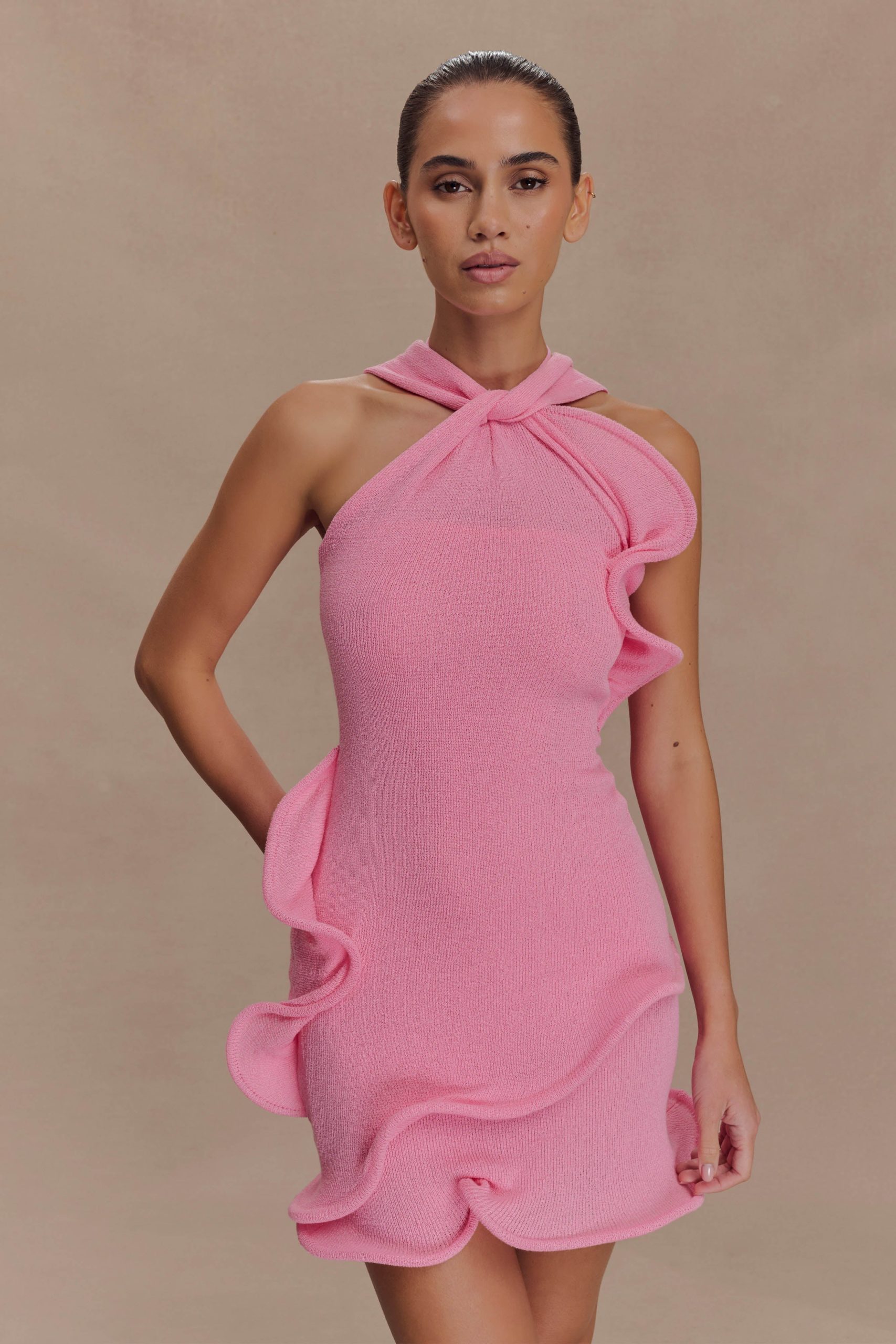 Caprice Halter Knit Mini Dress - Bubblegum Pink - Image 2