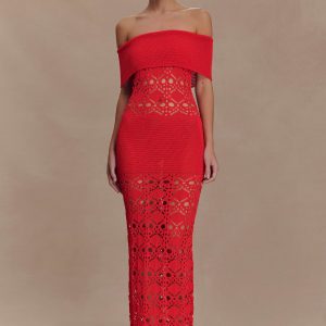 Solstice Off Shoulder Crochet Knit Maxi Dress - Blood Orange