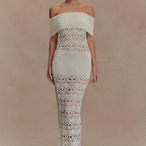 Solstice Off Shoulder Crochet Knit Maxi Dress - Ivory