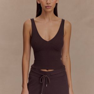 Natalya Ribbed Knit Cami Top - Dark Chocolate