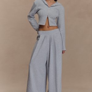 Aspen Gathered Wide Leg Jogger - Light Grey Marle