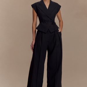 Raya Mid Rise Wide Leg Linen Pant - Black