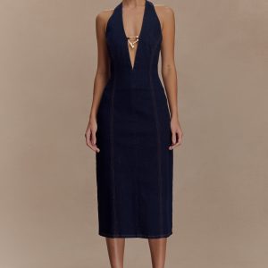 Shauna Denim Halter Midi Dress - Indigo Blue