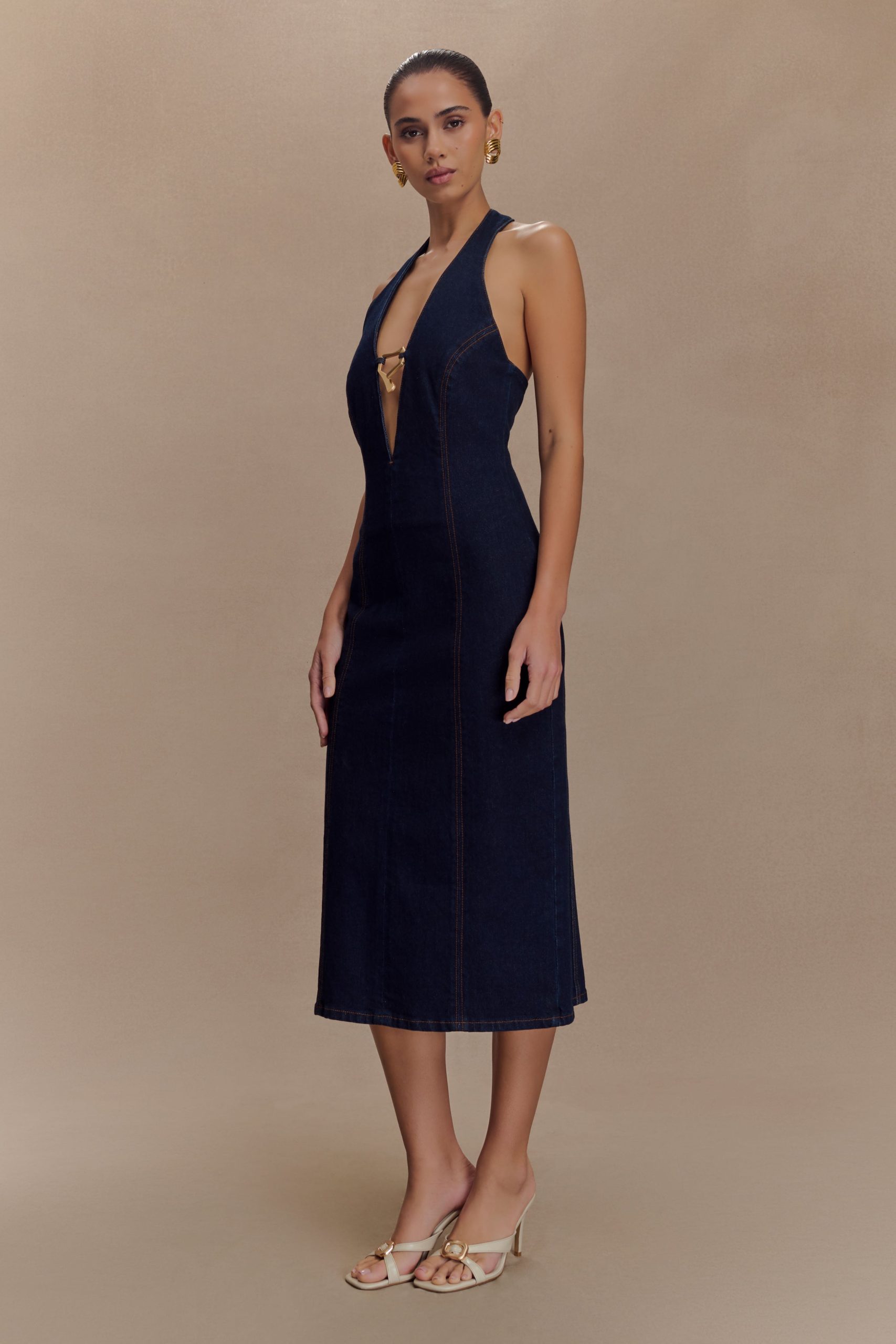 Shauna Denim Halter Midi Dress - Indigo Blue - Image 4
