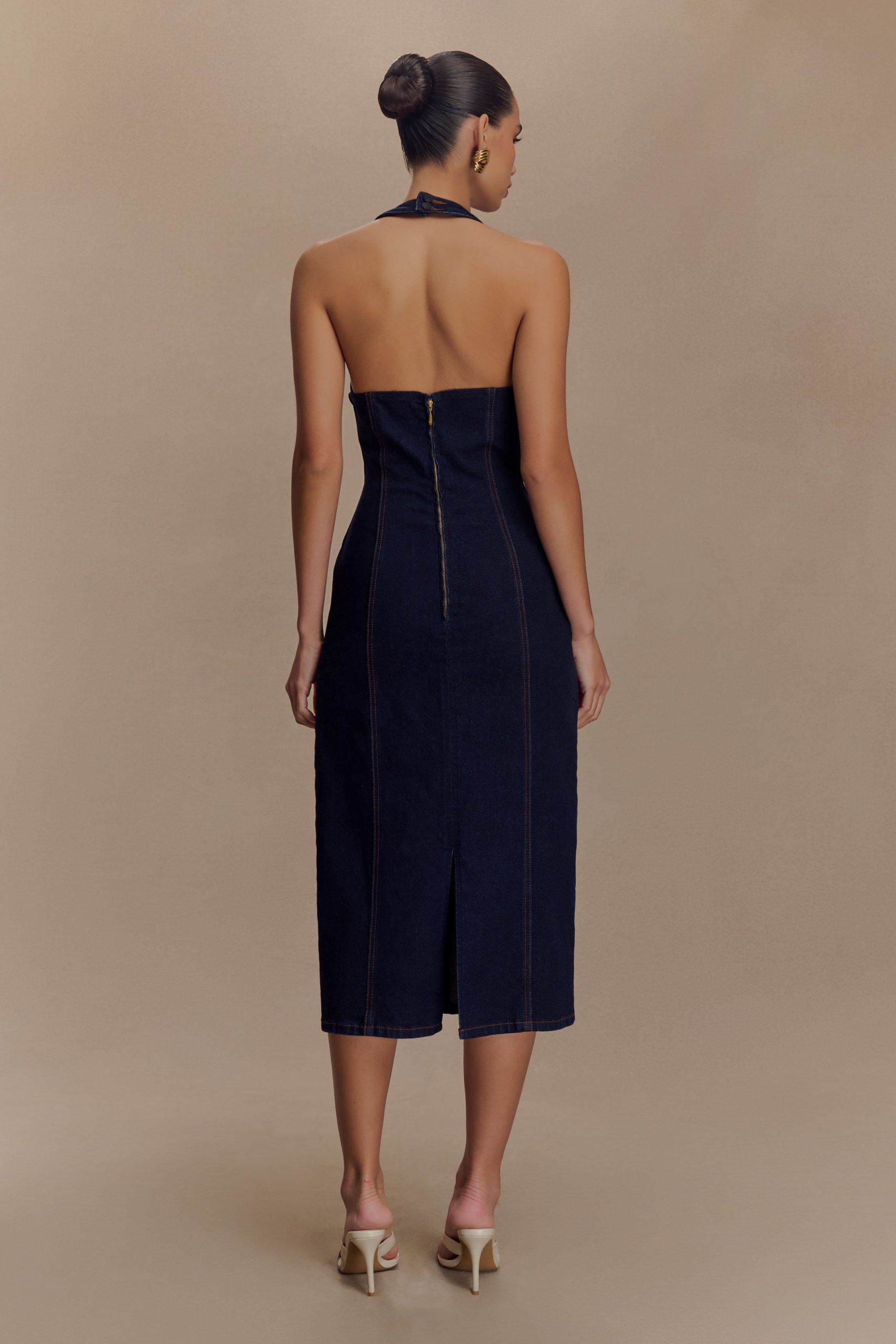 Shauna Denim Halter Midi Dress - Indigo Blue - Image 3