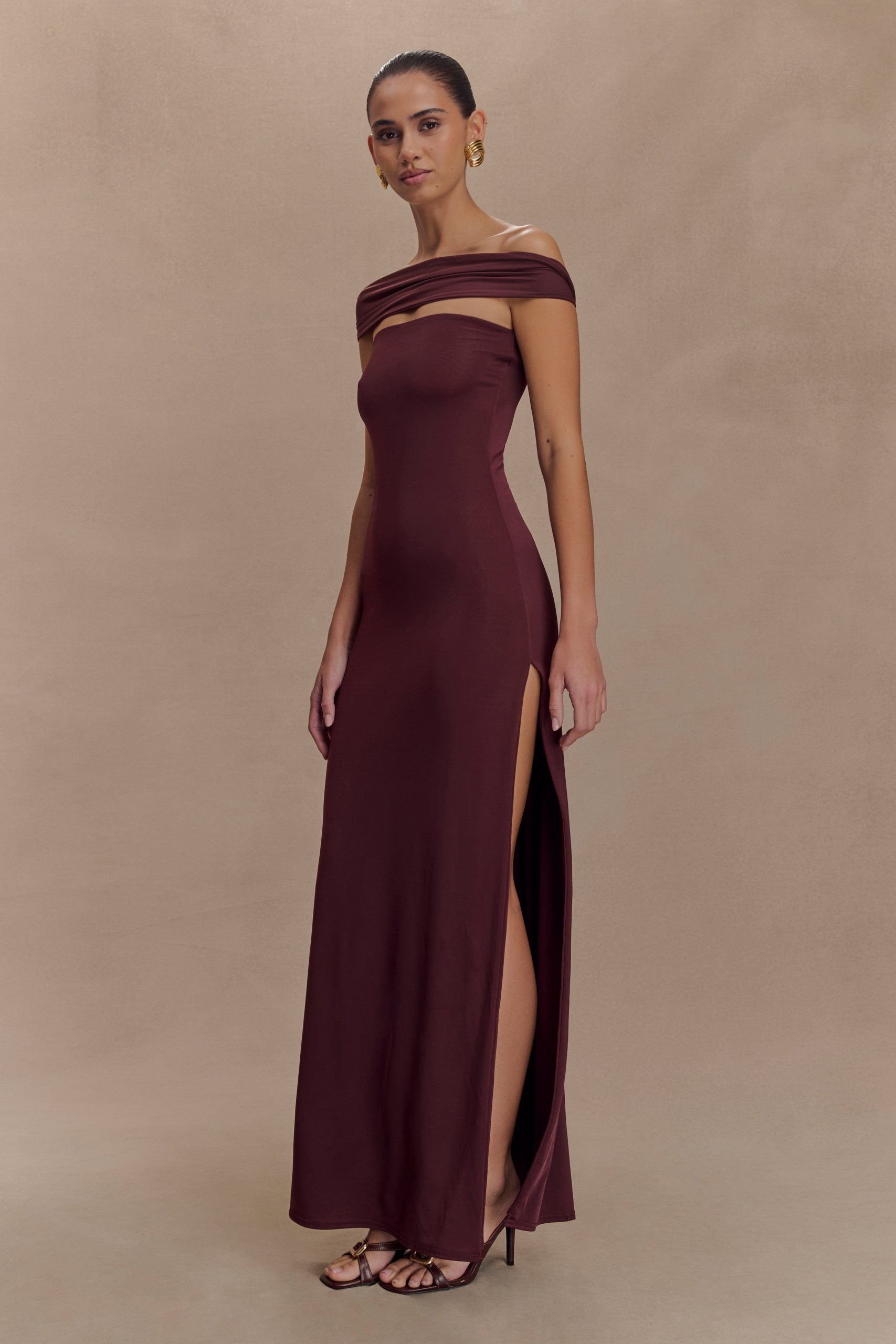 Aurora Slinky And Mesh Split Maxi Dress - Mahogany - Image 4