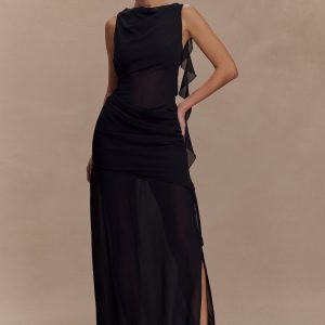 Daria Draped Chiffon Maxi Dress - Black
