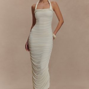 Camila Ruched Halter Midi Dress - Ivory