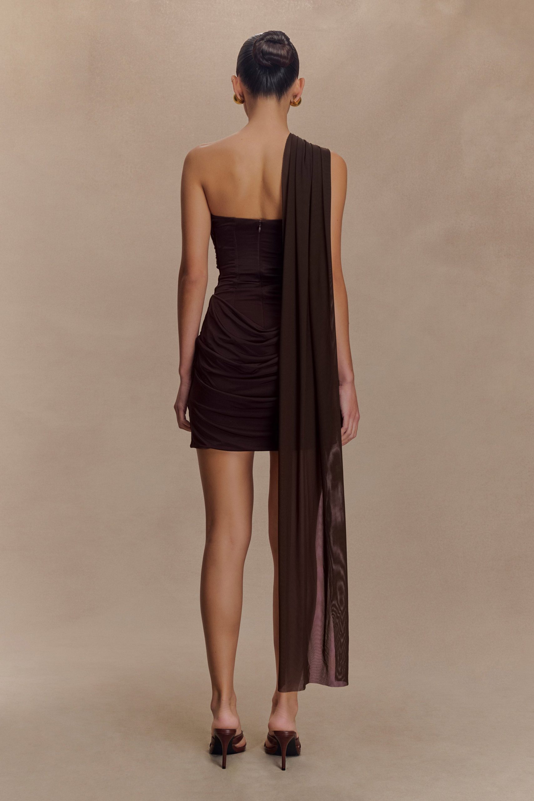 Mattea Slinky And Mesh Mini Dress With Scarf - Dark Chocolate - Image 2