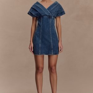 Pascale Off Shoulder Denim Mini Dress - Washed Dark Blue