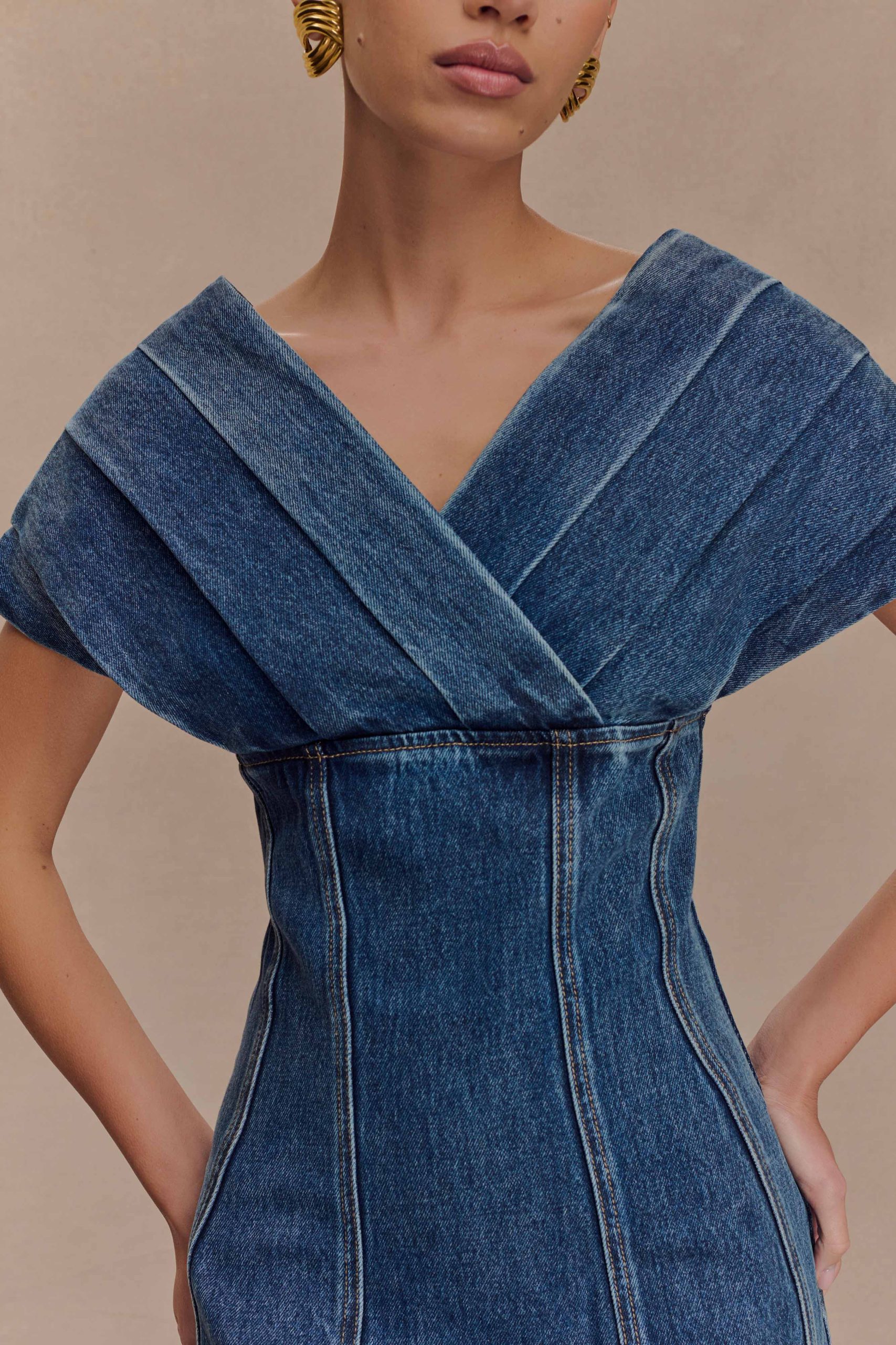 Pascale Off Shoulder Denim Mini Dress - Washed Dark Blue - Image 3