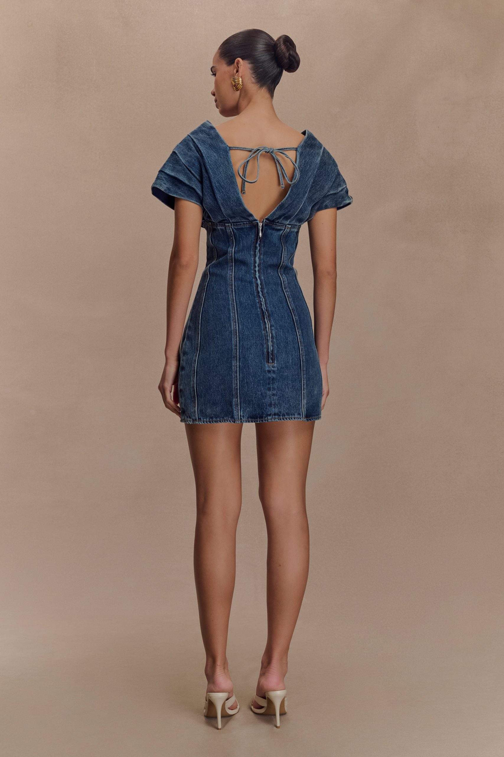 Pascale Off Shoulder Denim Mini Dress - Washed Dark Blue - Image 2