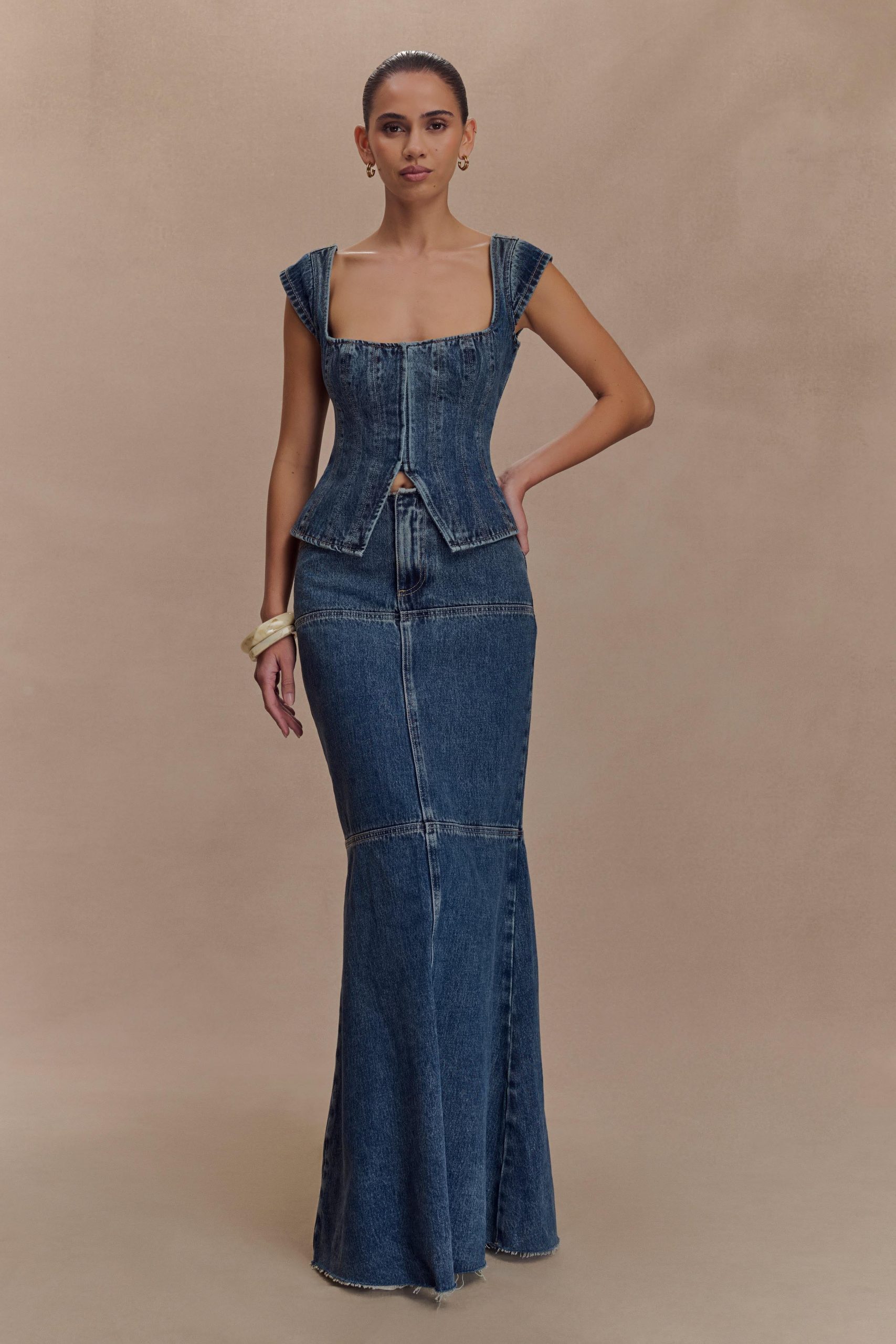 Loretta Denim Maxi Skirt - Washed Dark Blue - Image 3