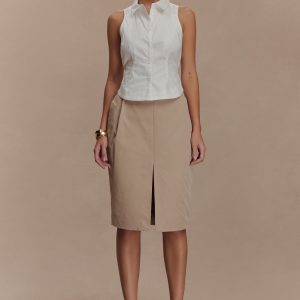 Vera Twill Split Front Midi Skirt - Camel