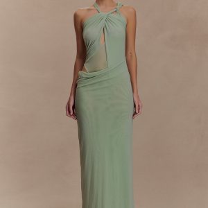 Edwina Knotted Mesh Maxi Dress - Sage