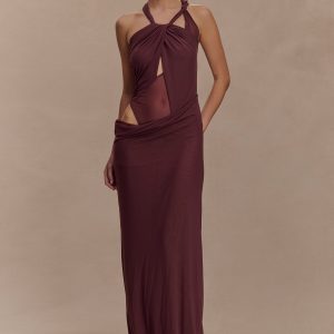 Edwina Knotted Mesh Maxi Dress - Mahogany