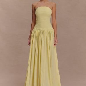 Maureen Cotton Shirring Maxi Dress - Lemon