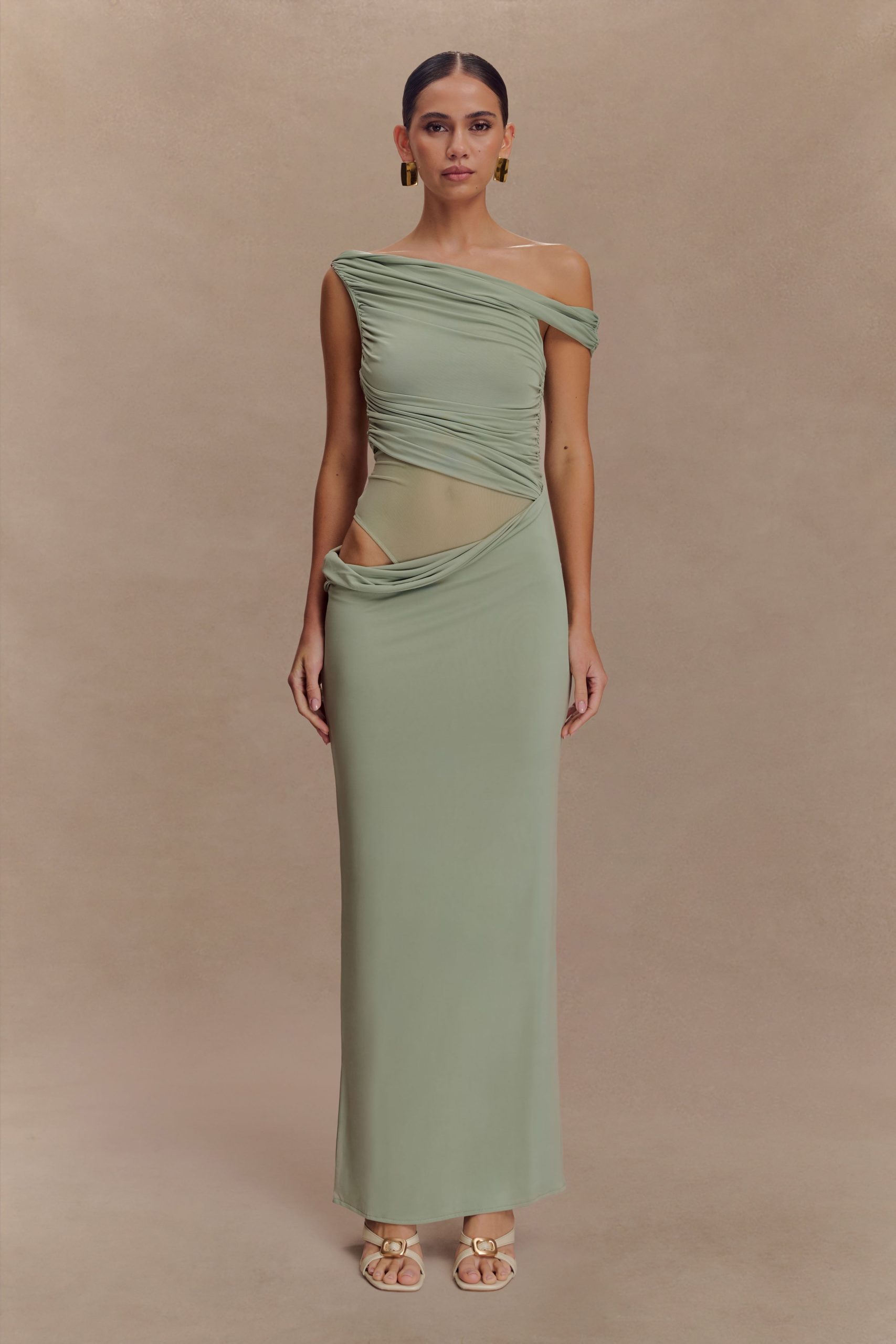 Callen One Shoulder Slinky Maxi Dress - Sage - Image 5