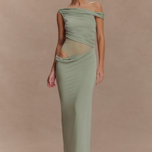 Callen One Shoulder Slinky Maxi Dress - Sage