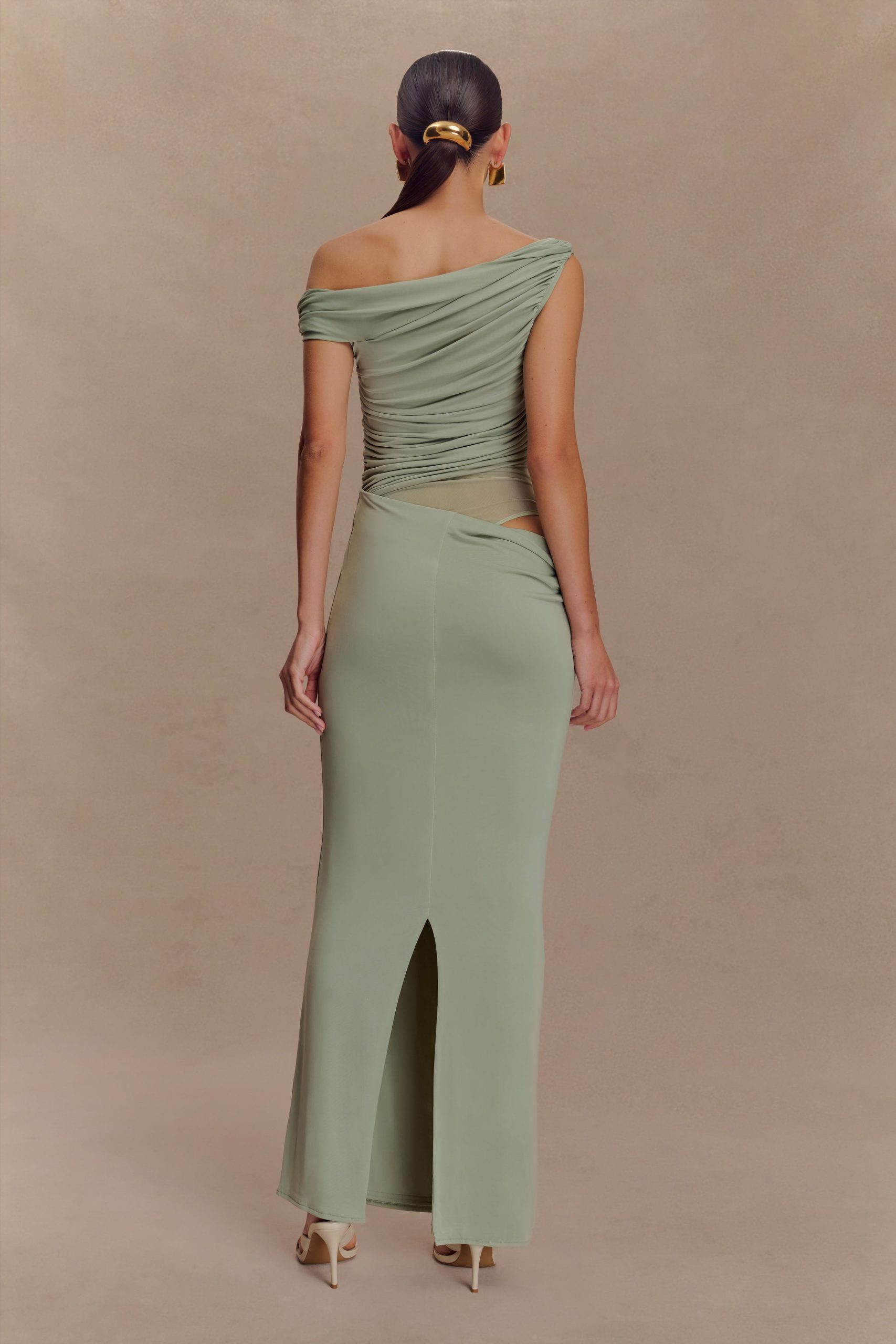 Callen One Shoulder Slinky Maxi Dress - Sage - Image 2