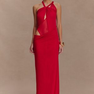 Edwina Knotted Mesh Maxi Dress - Red