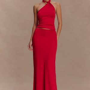 Bruna Slinky Fishtail Maxi Skirt - Red