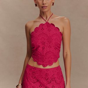 Kensley Broderie Halter Top - Dragonfruit