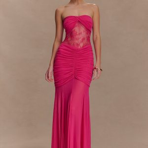 Khadijah Lace And Mesh Maxi Dress - Dragonfruit