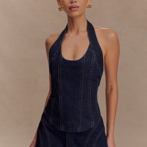 Meadow Denim Corset Halter Top - Indigo Blue