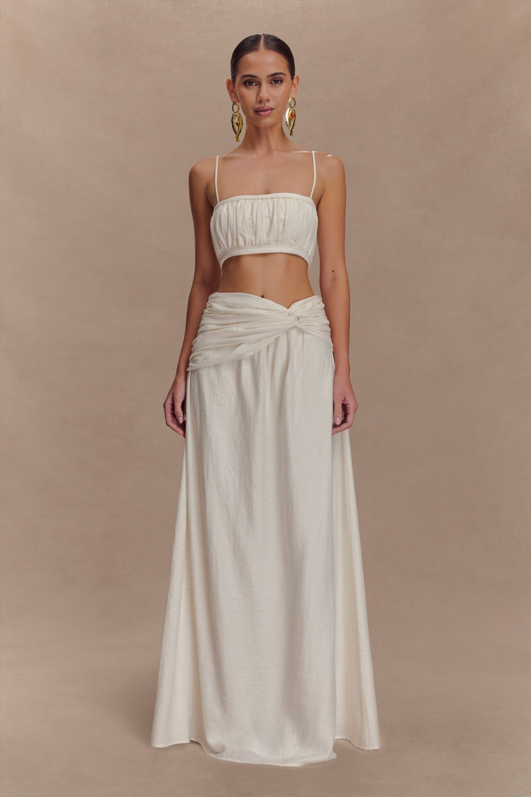 Scottie Gathered Linen Knot Maxi Skirt - Oat Marle - Image 2