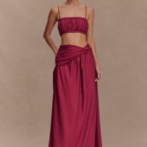 Scottie Gathered Linen Knot Maxi Skirt - Wine